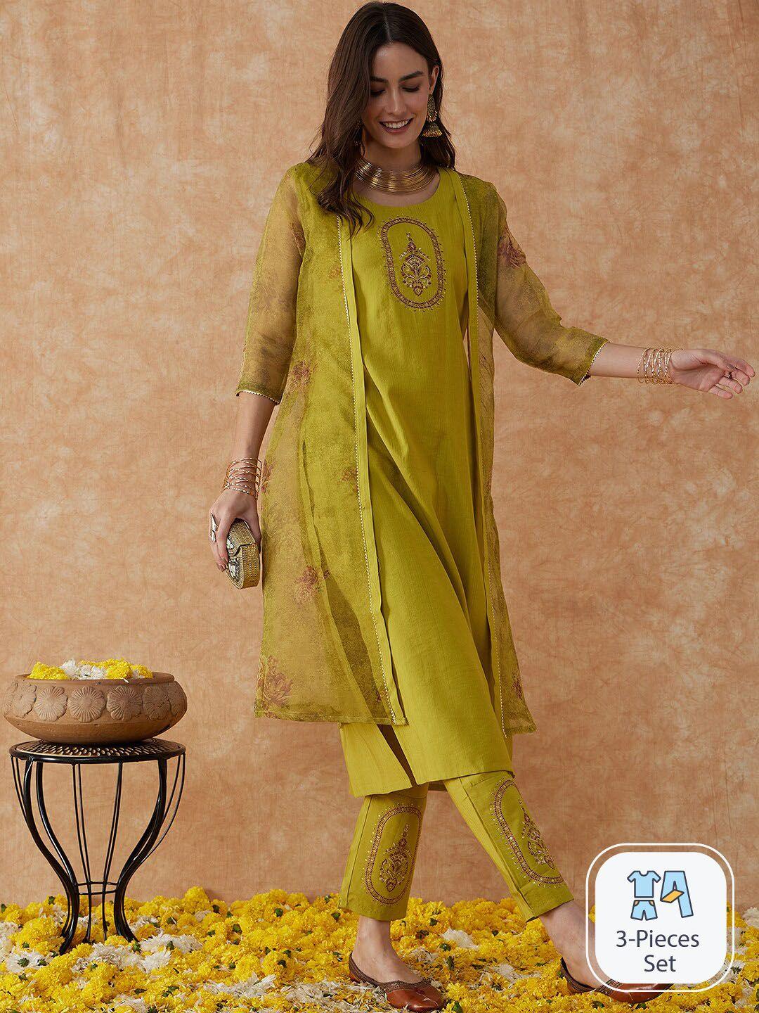 sangria ethnic motifs embroidered straight kurta with trouser & floral printed shrug
