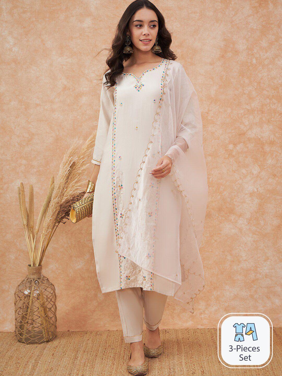 sangria ethnic motifs embroidered straight kurta with trousers & dupatta