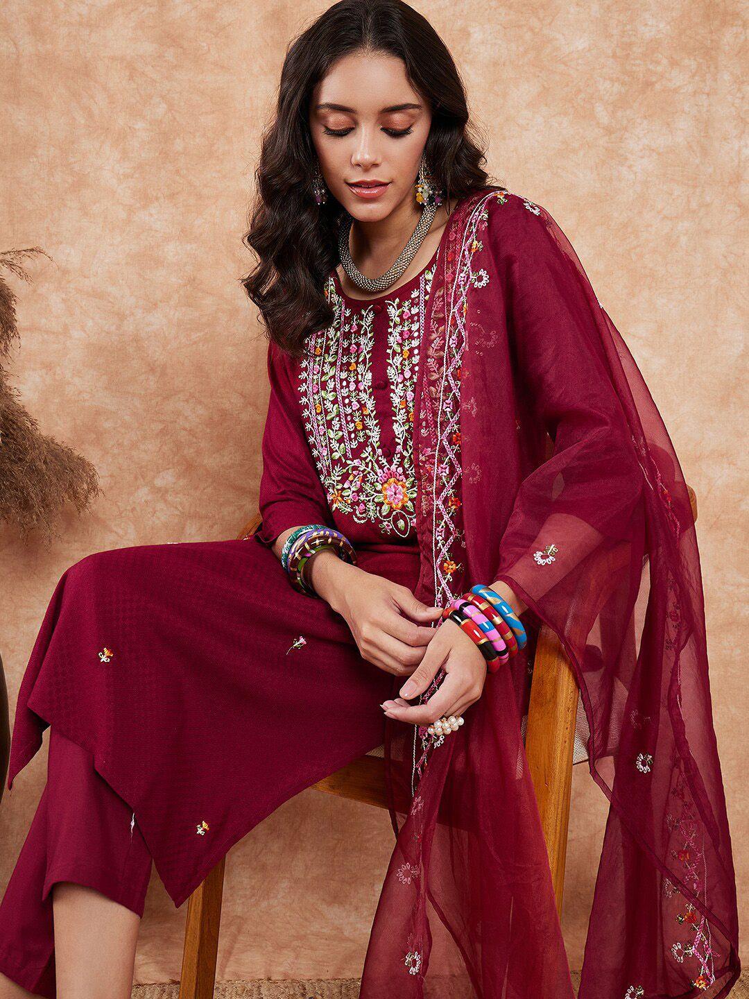 sangria ethnic motifs embroidered thread work straight kurta & trousers with dupatta