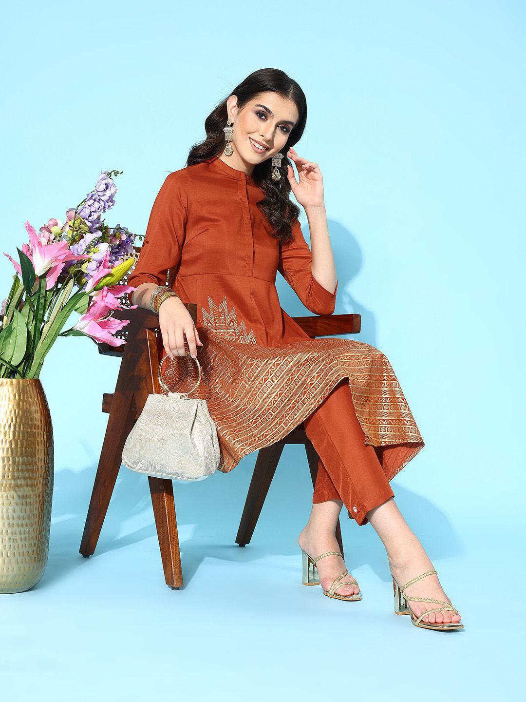 sangria ethnic motifs foil printed empire kurta with trousers