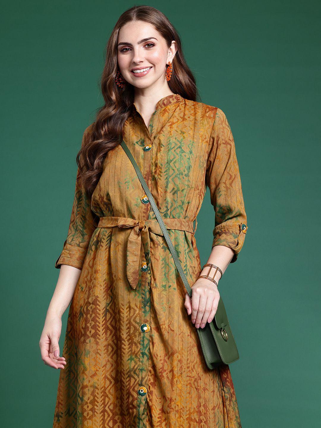 sangria ethnic motifs print a-line midi dress with belt
