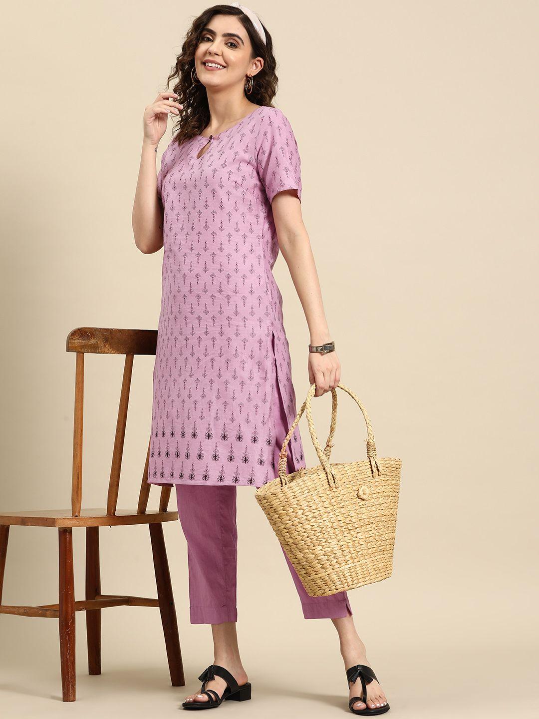 sangria ethnic motifs print keyhole neck kurta with trousers