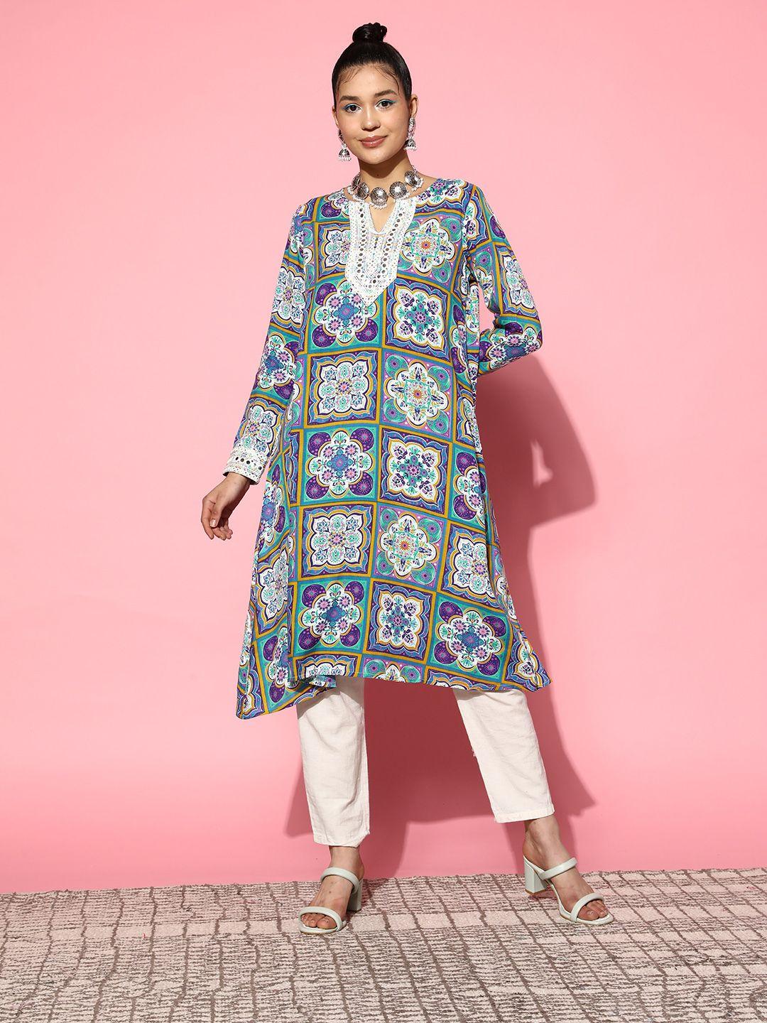 sangria ethnic motifs print mirror work kurta