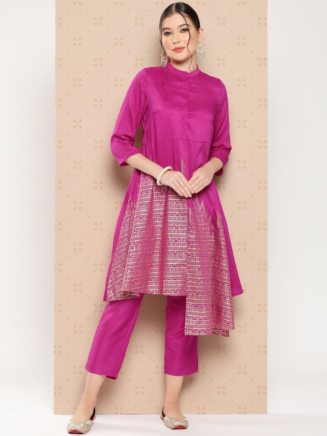 sangria ethnic motifs print panelled high-low kurta with trousers