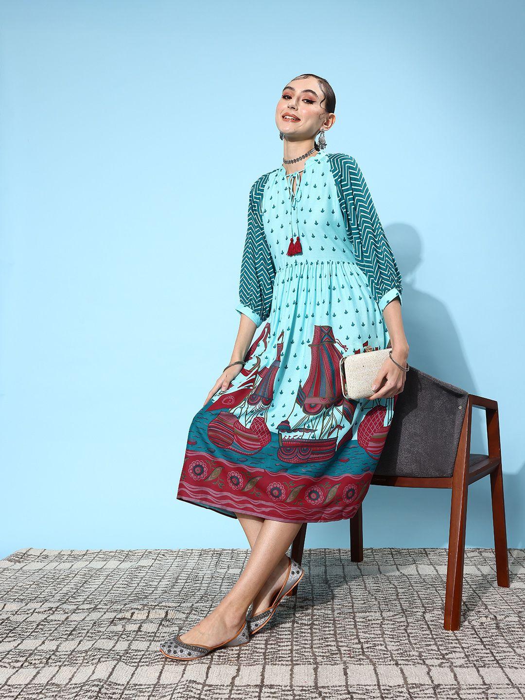 sangria ethnic motifs print tie-up neck a-line midi dress