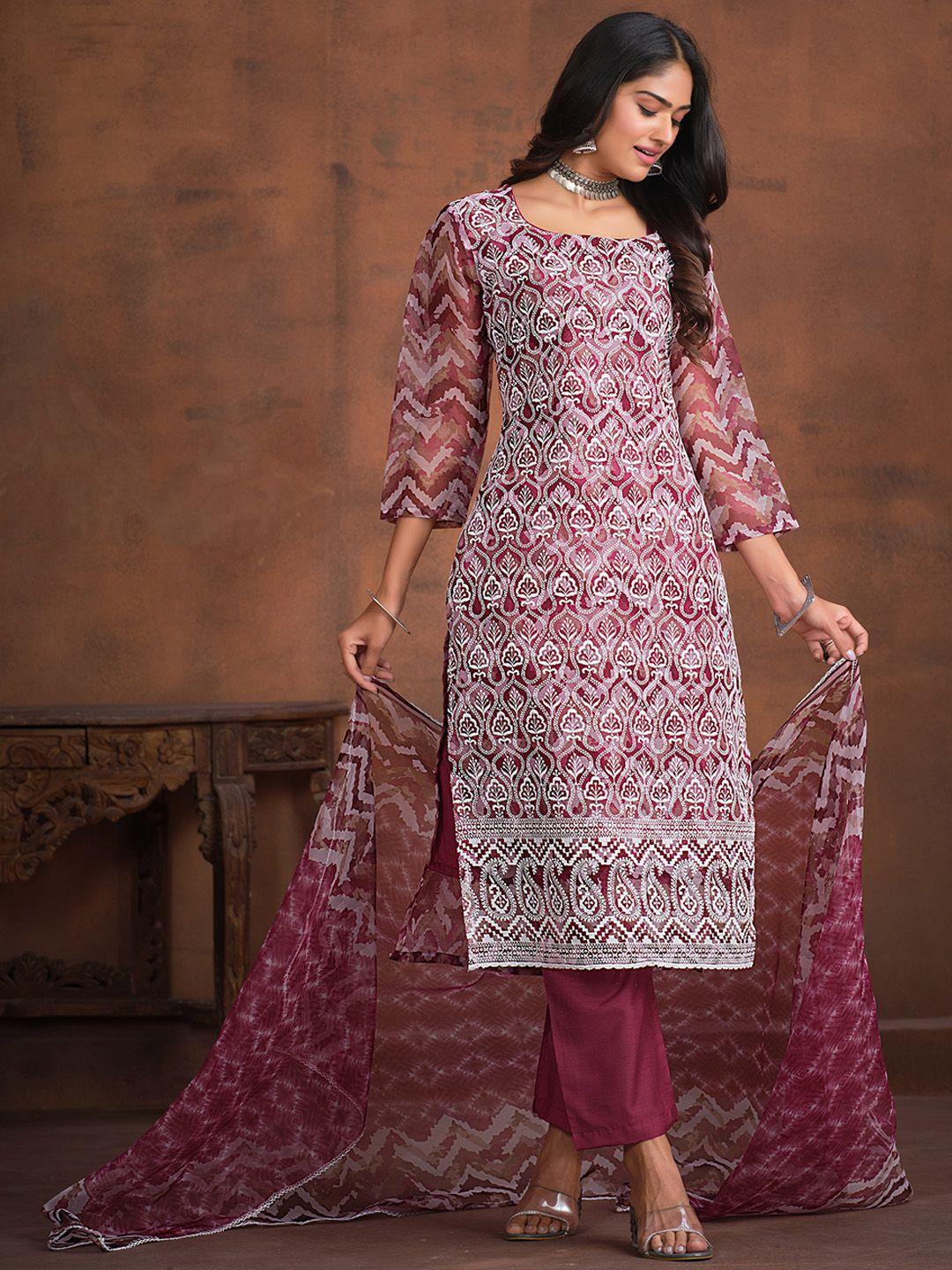 sangria ethnic motifs printed & embroidered straight kurta with trouser & dupatta