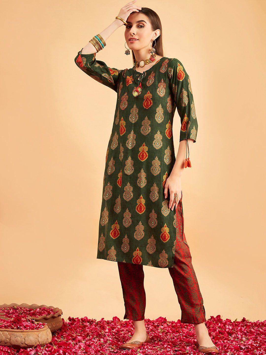 sangria ethnic motifs printed & sequinned tie-up neck straight kurta with trousers