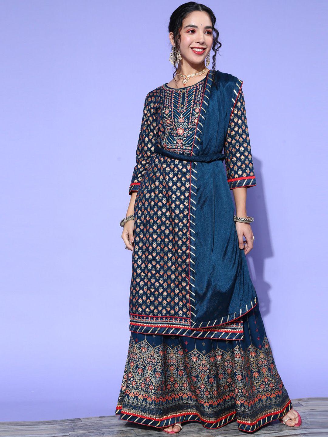 sangria ethnic motifs printed  thread work straight kurta with skirt & dupatta