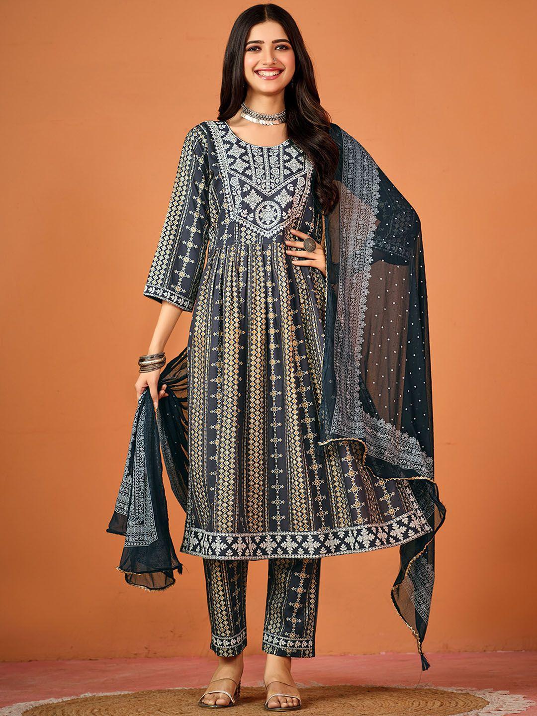 sangria ethnic motifs printed a-line kurta with trouser & dupatta