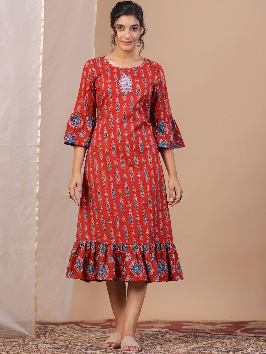 sangria ethnic motifs printed a-line midi pure cotton ethnic dress