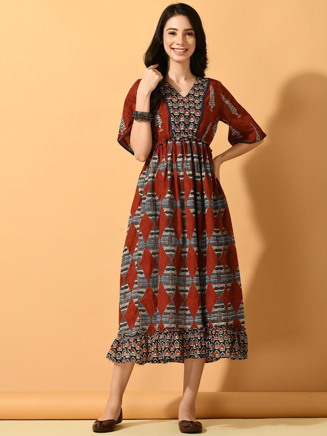 sangria ethnic motifs printed cotton fit & flared dress