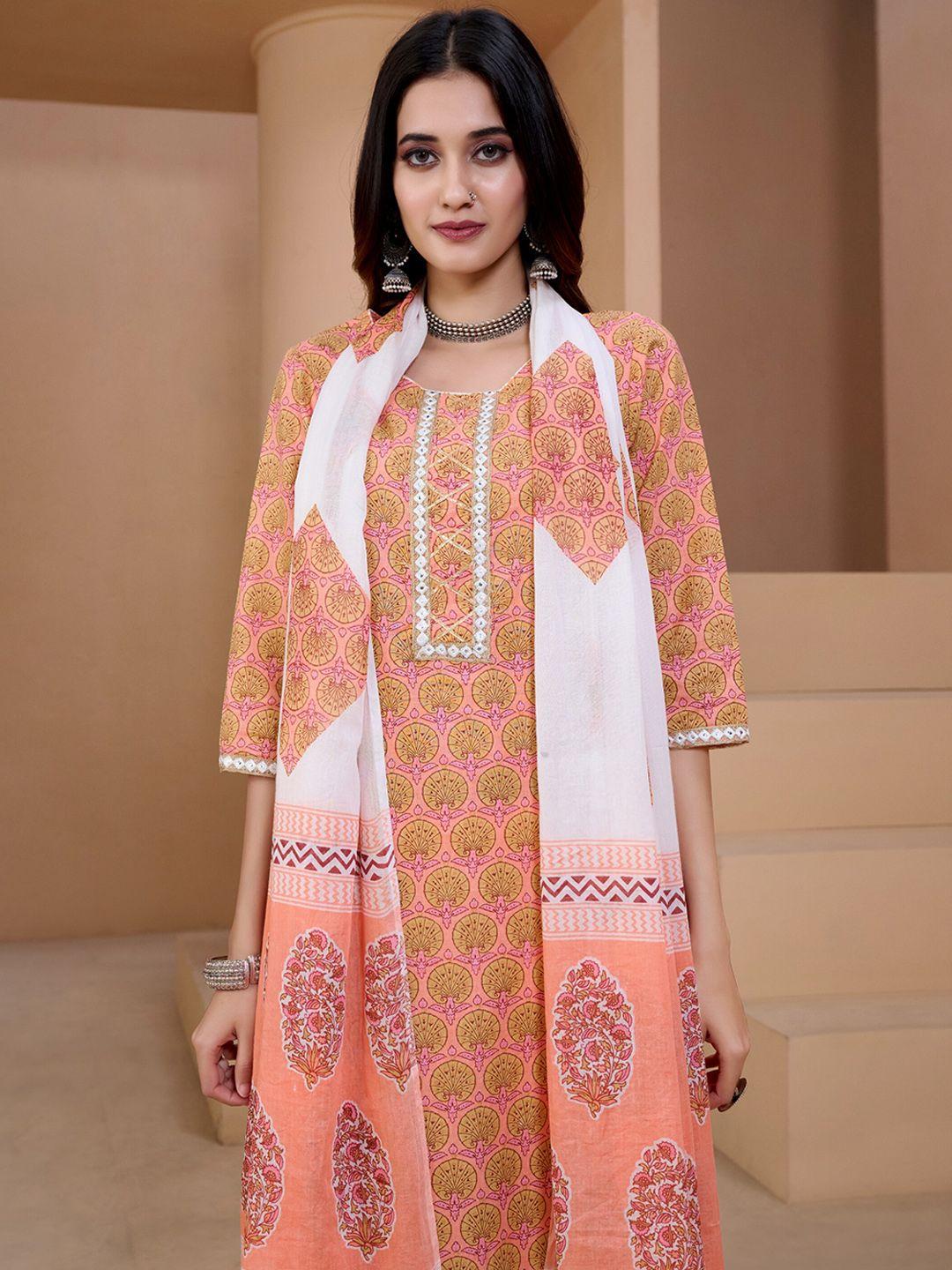 sangria ethnic motifs printed cotton kurta with trousers & dupatta