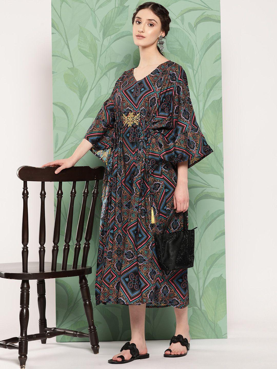 sangria ethnic motifs printed embroidered kaftan midi dress