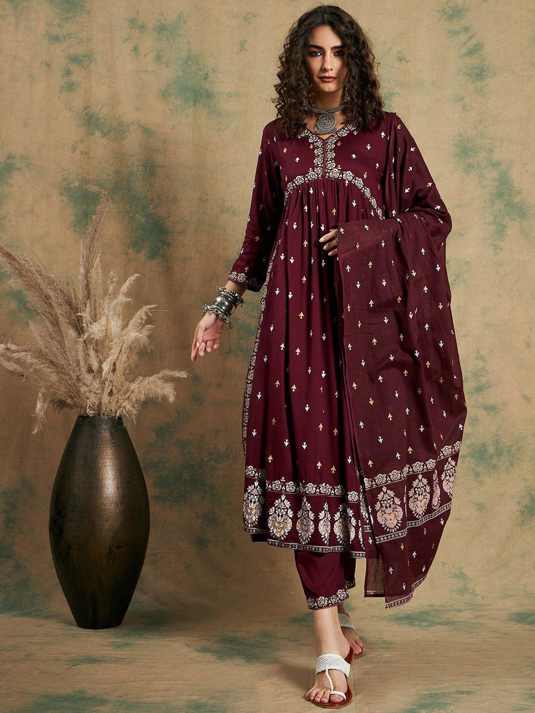 sangria ethnic motifs printed empire a-line kurta set with dupatta set