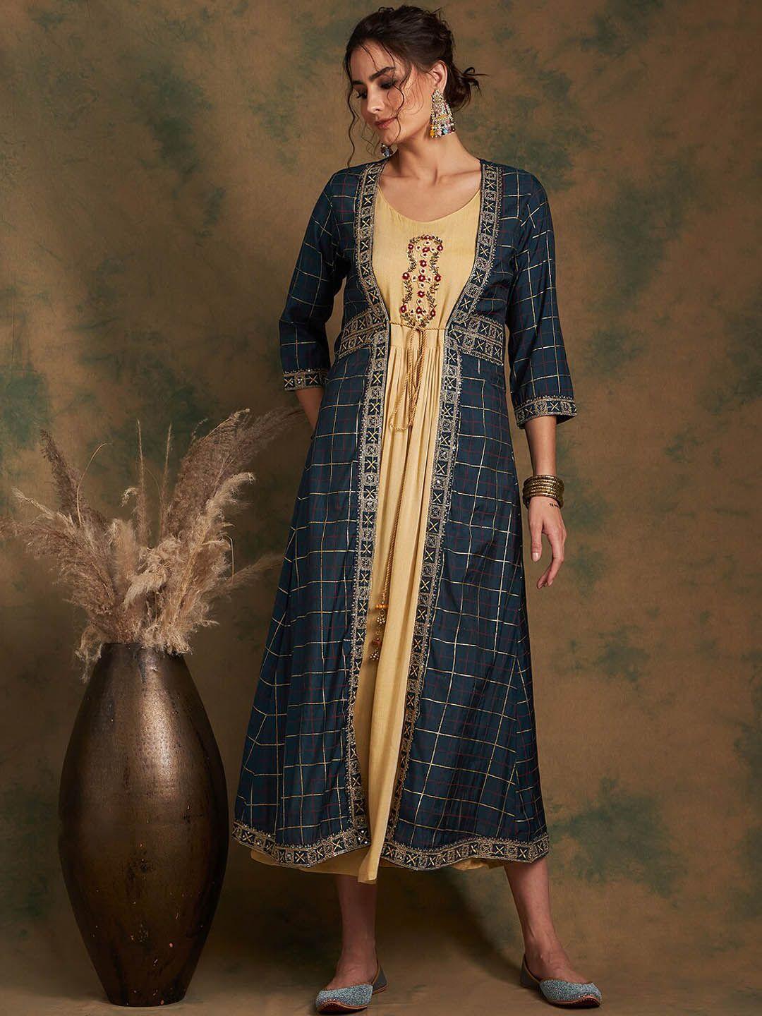 sangria ethnic motifs printed fit &flare embroidered kurta with longline shrug