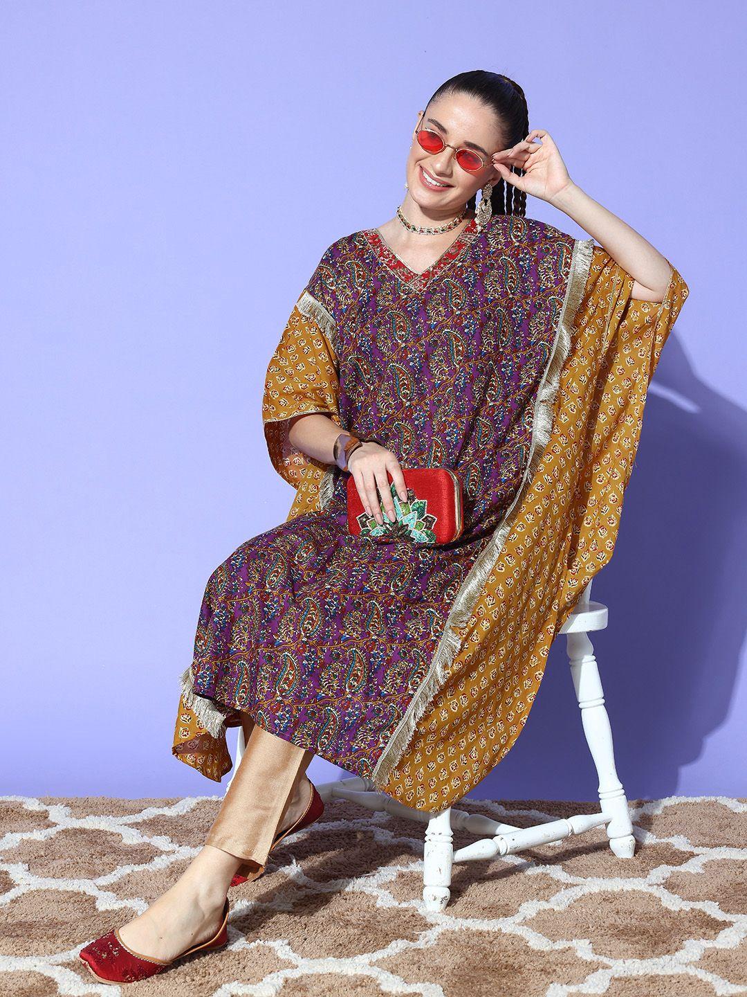 sangria ethnic motifs printed gotta patti & fringed detail cotton kaftan kurta