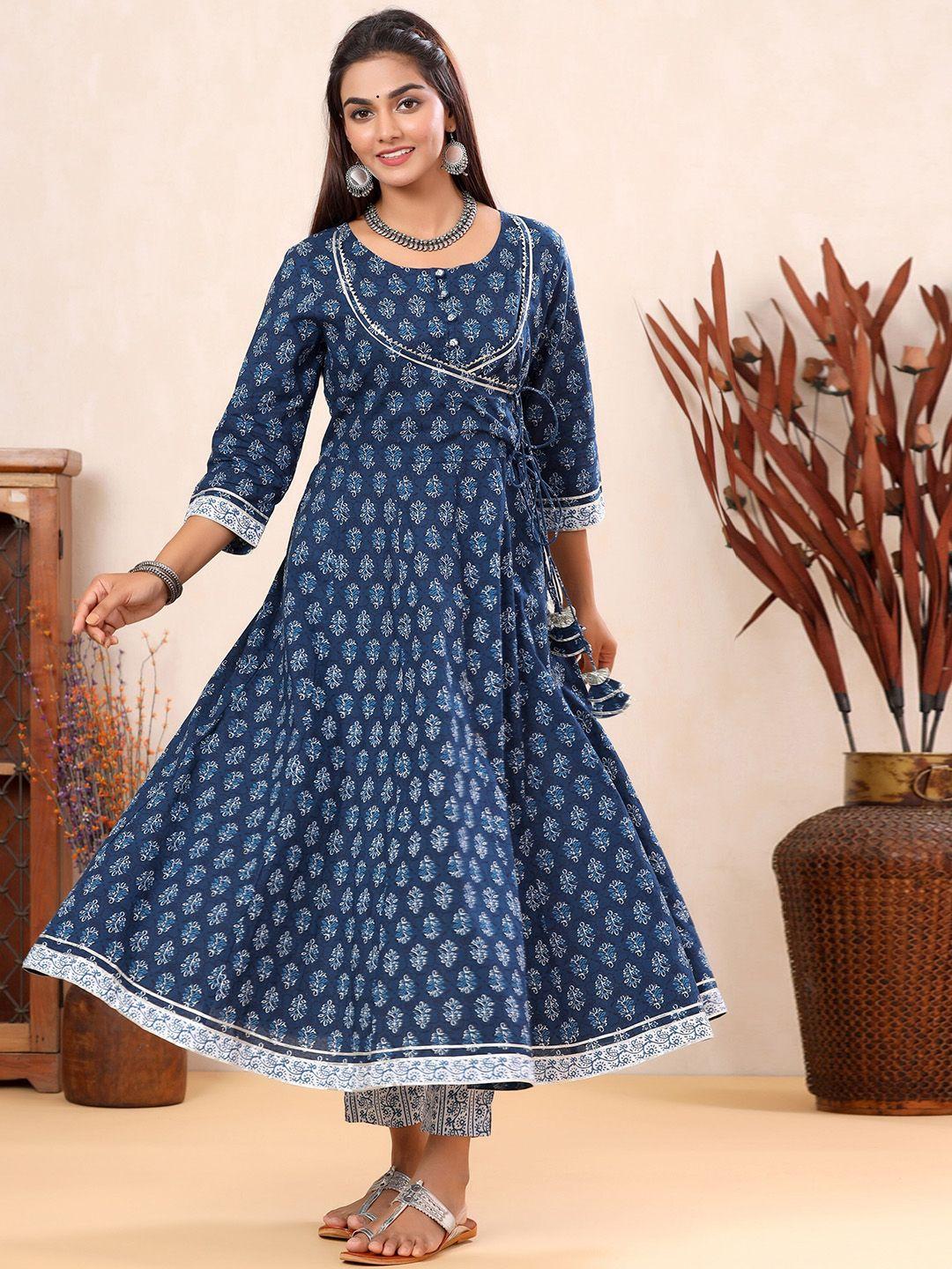 sangria ethnic motifs printed gotta patti detail pure cotton anarkali kurta with trousers