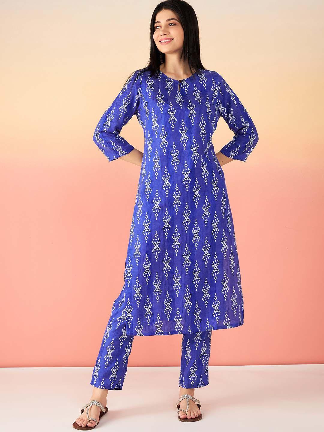 sangria ethnic motifs printed keyhole neck straight kurta with trouser