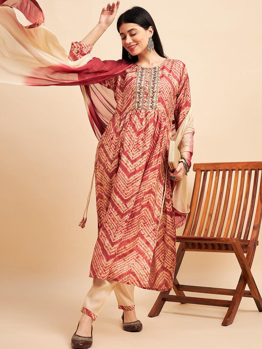 sangria ethnic motifs printed mirror work a line kurta with trouser & dupatta