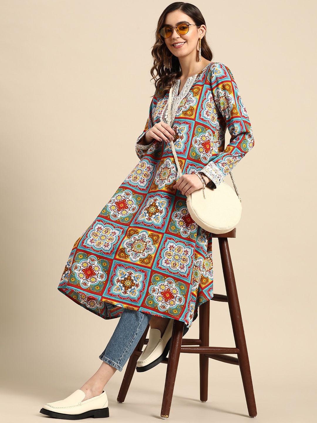 sangria ethnic motifs printed mirror work kurta