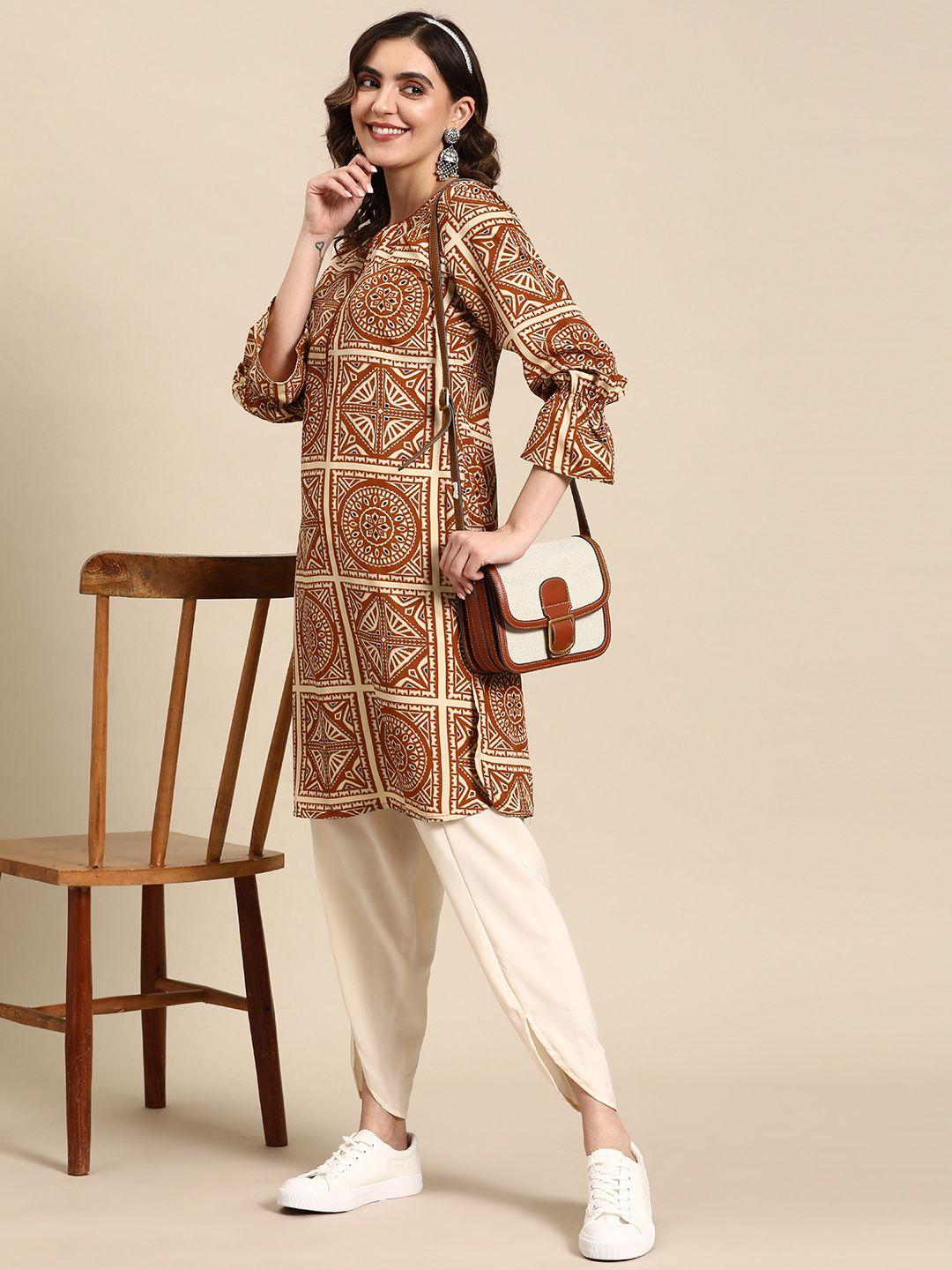 sangria ethnic motifs printed puff sleeves kurta with dhoti pants