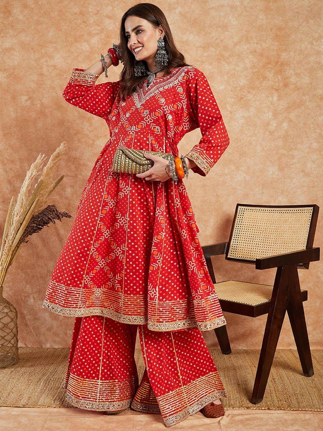 sangria ethnic motifs printed pure cotton a-line kurta with sharara & dupatta