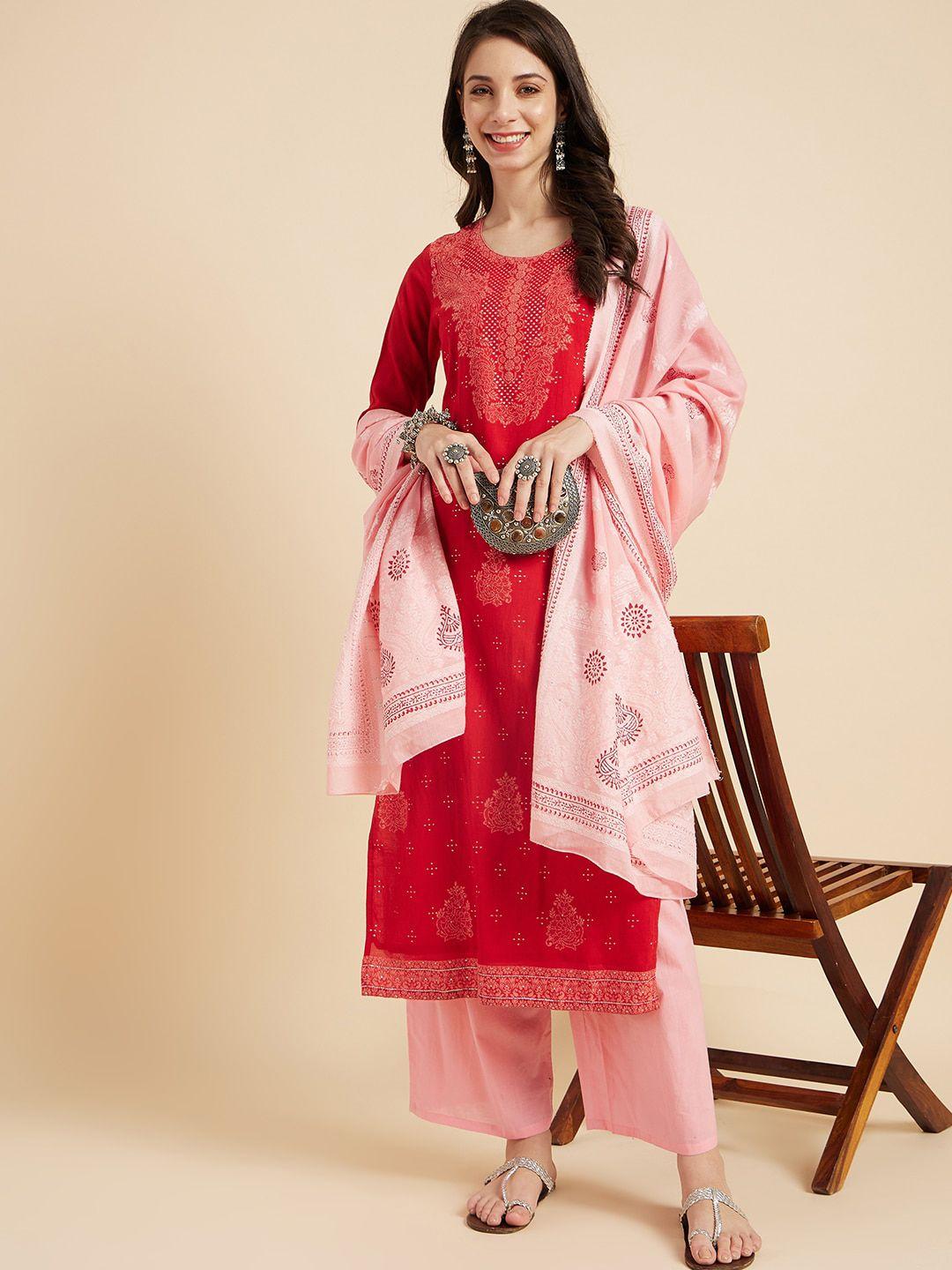 sangria ethnic motifs printed pure cotton straight kurta with palazzos & dupatta