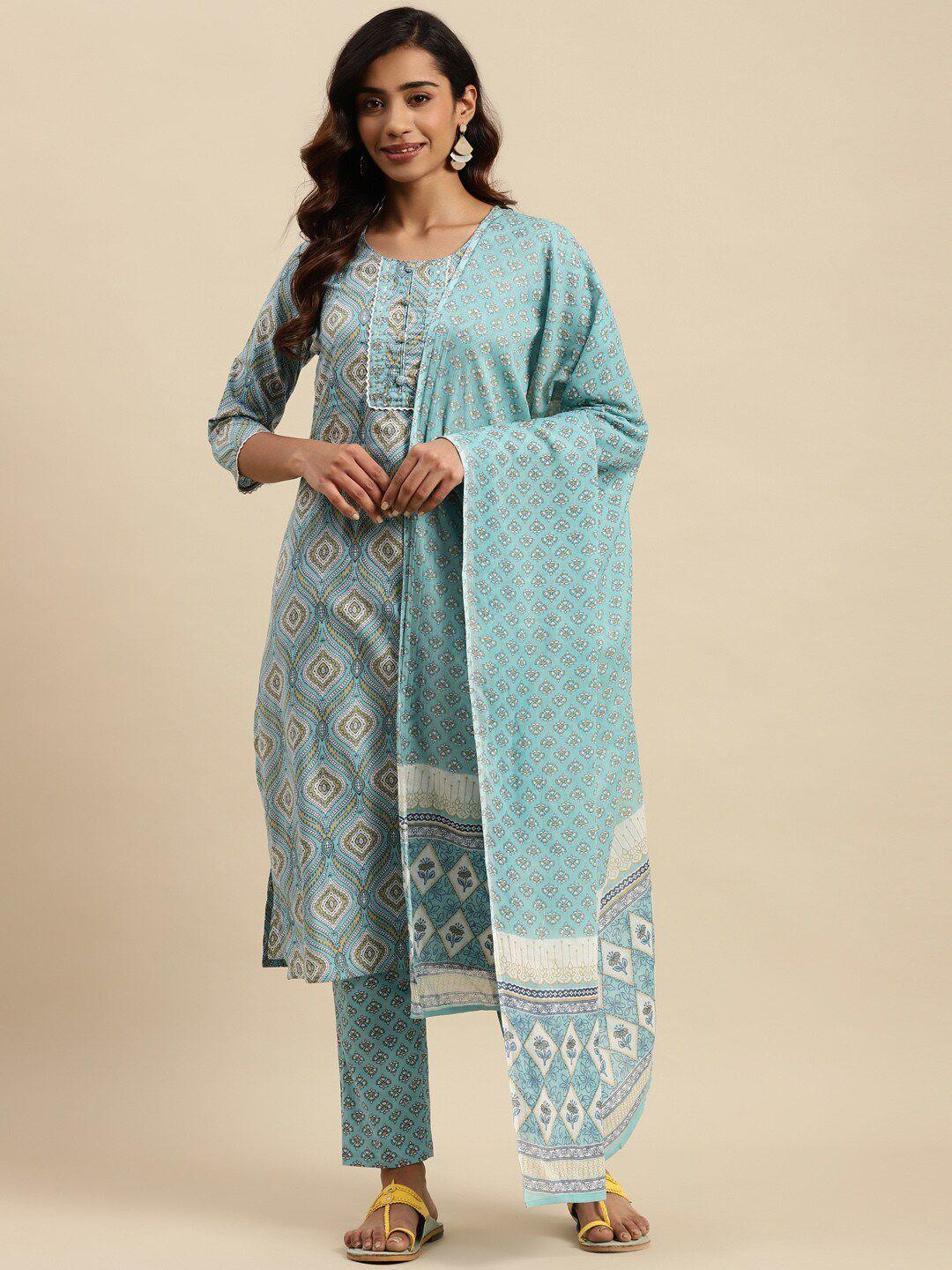 sangria ethnic motifs printed pure cotton straight kurta with trouser & dupatta