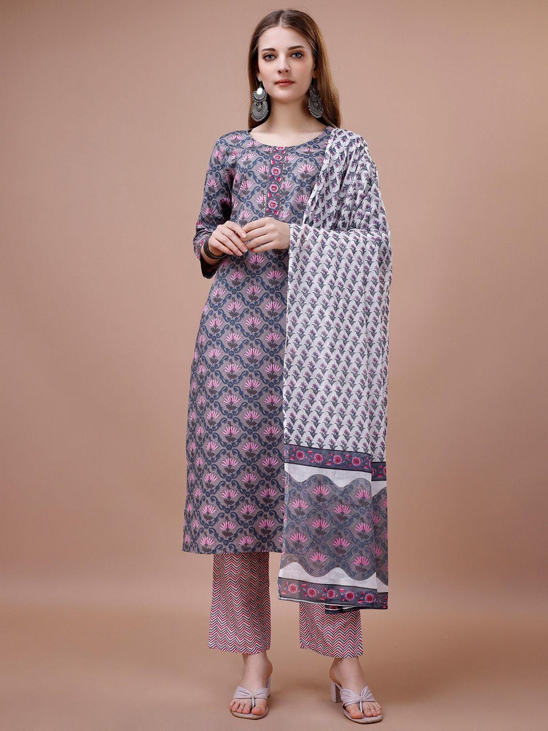 sangria ethnic motifs printed pure cotton straight kurta with trouser & dupatta