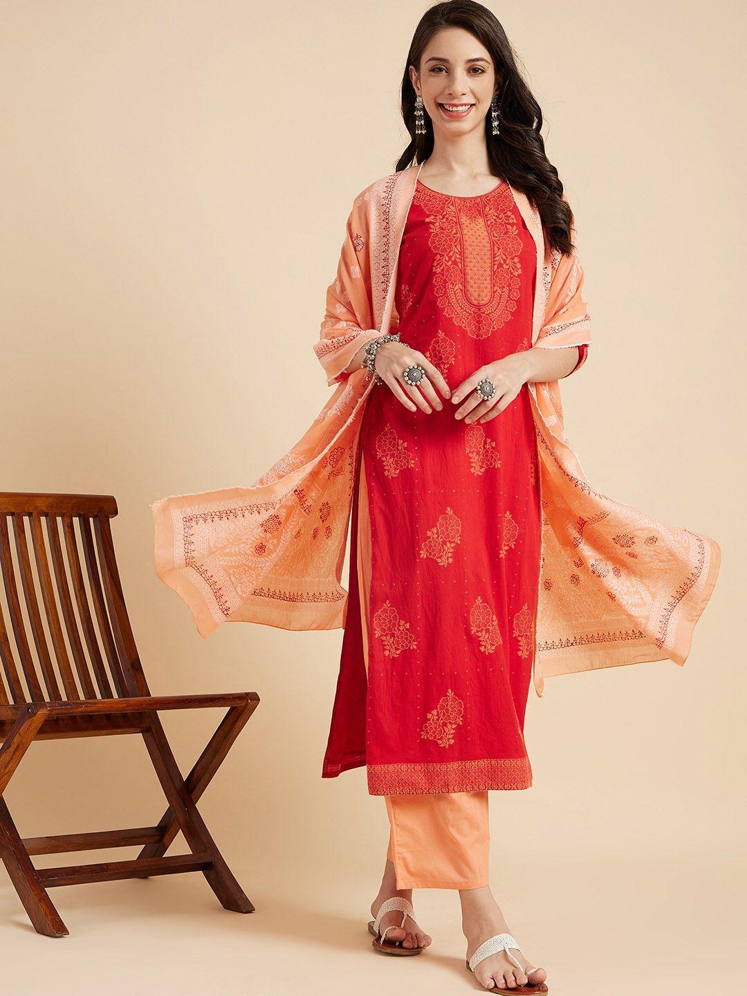 sangria ethnic motifs printed pure cotton straight kurta with trousers & dupatta