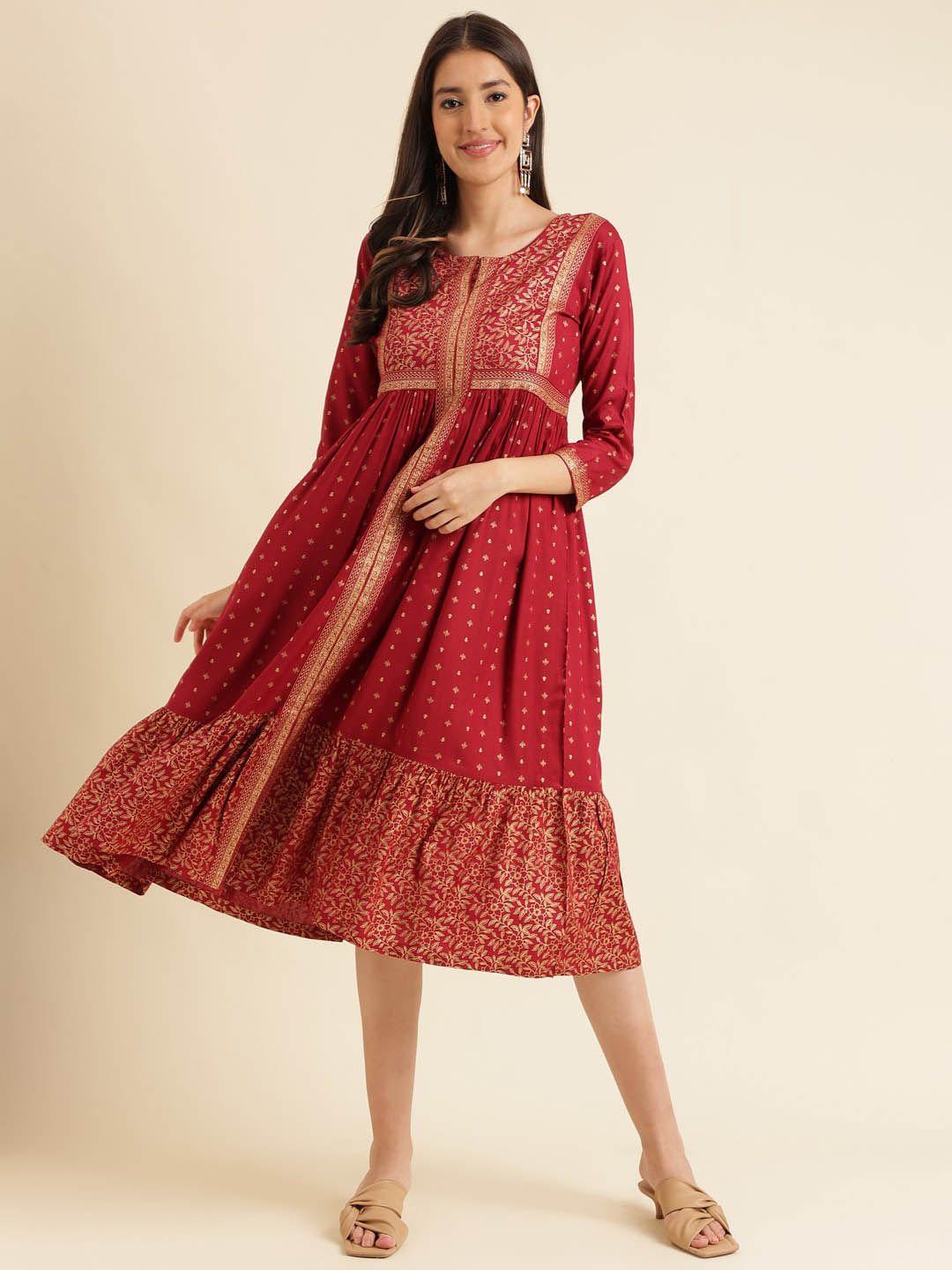 sangria ethnic motifs printed round neck tiered a-line ethnic dress