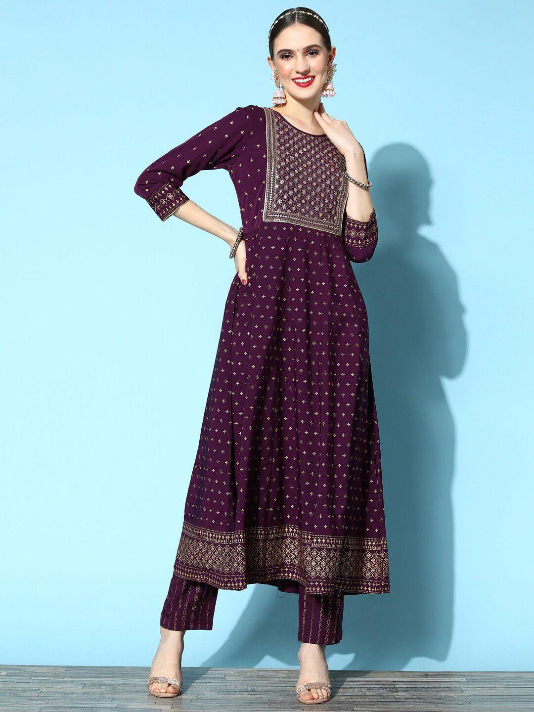 sangria ethnic motifs printed sequinned a-line kurta with trouser