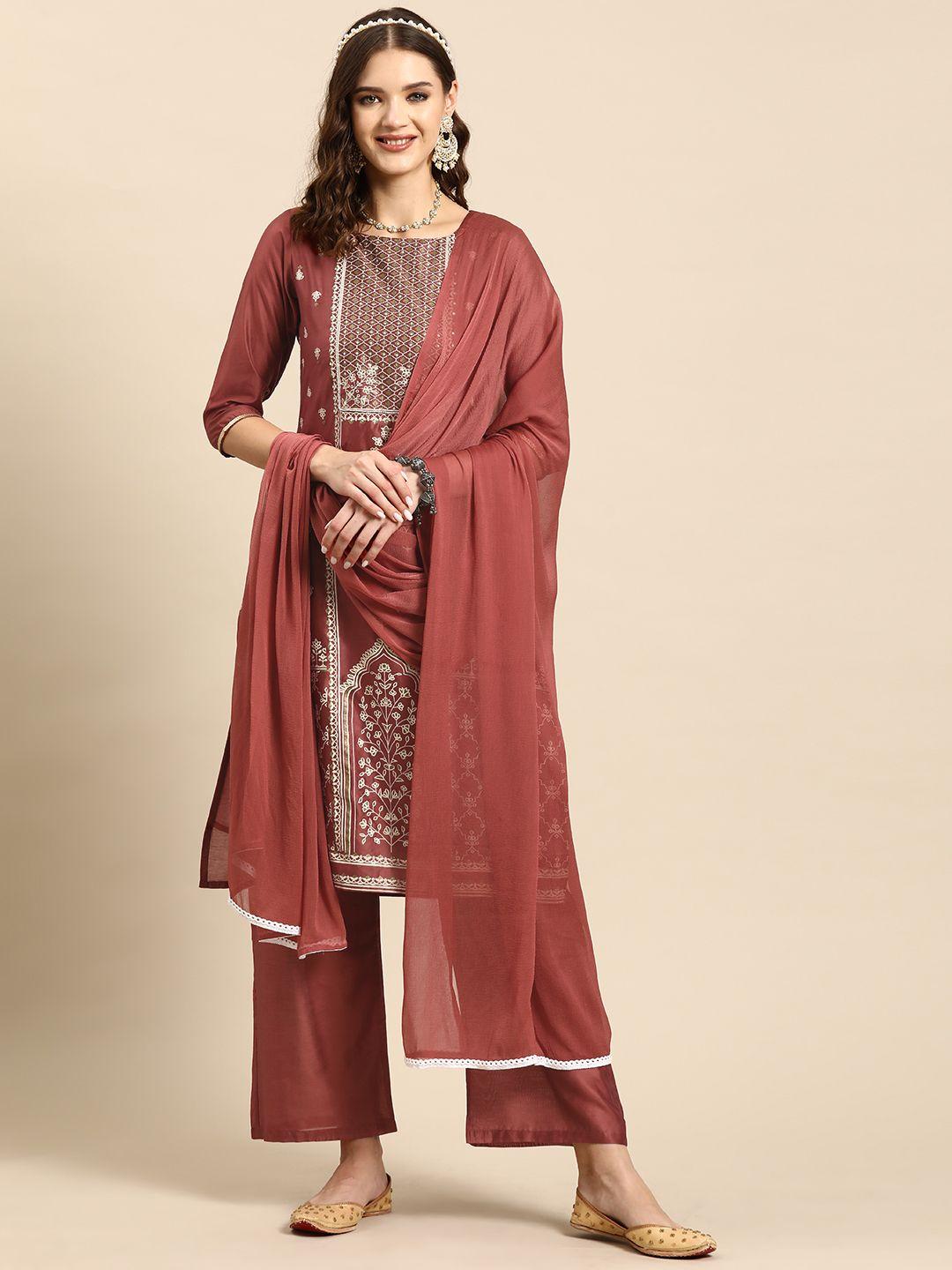 sangria ethnic motifs printed sequinned chanderi cotton kurta with palazzos & dupatta