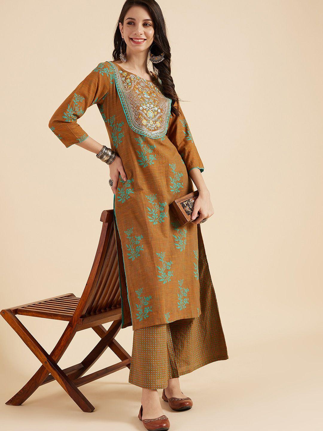 sangria ethnic motifs printed sequins pure cotton straight kurta with palazzos