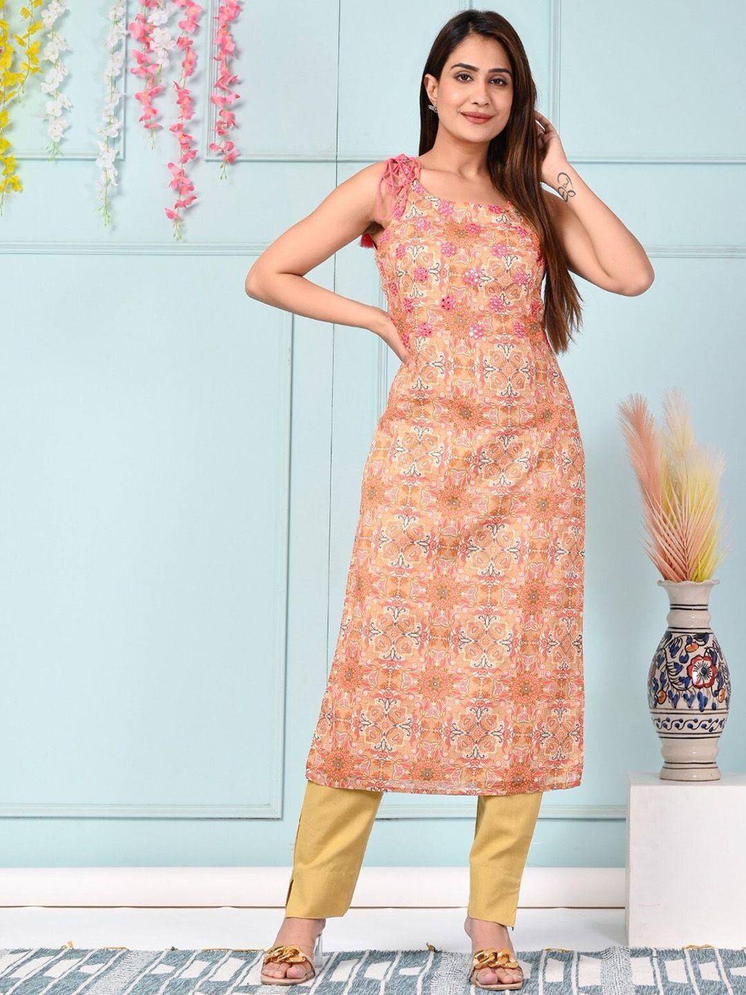 sangria ethnic motifs printed shoulder strapped pure cotton straight kurta