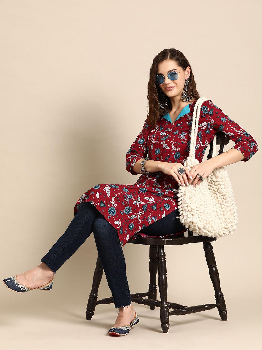 sangria ethnic motifs printed stylized v-neck straight kurta