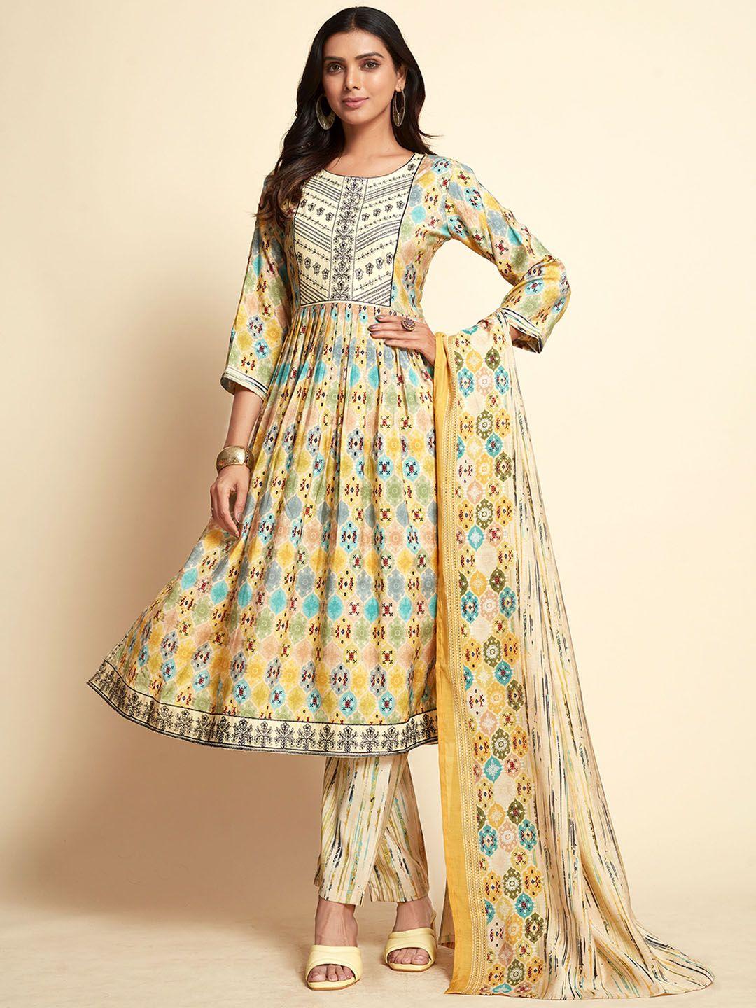 sangria ethnic motifs printed thread work detail a-line kurta with trousers & dupatta