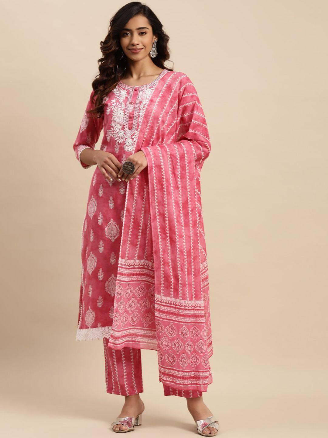 sangria ethnic motifs printed thread work pure-cotton a-line kurta with trouser & dupatta