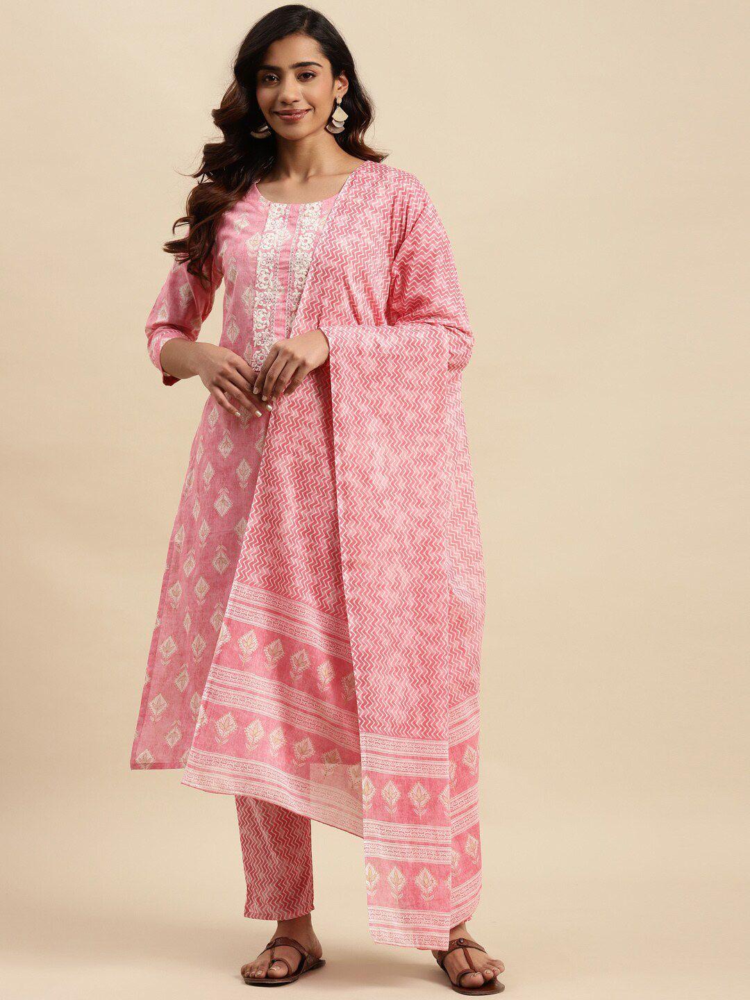 sangria ethnic motifs printed thread work pure cotton kurta with trouser & dupatta