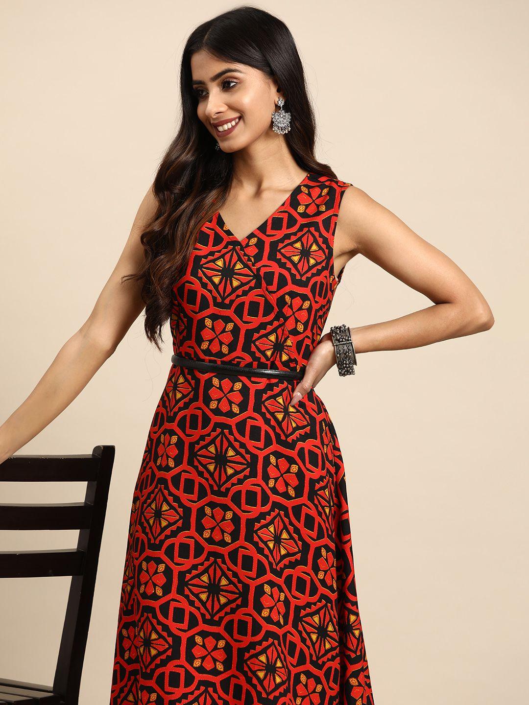 sangria ethnic motifs printed wrap midi dress