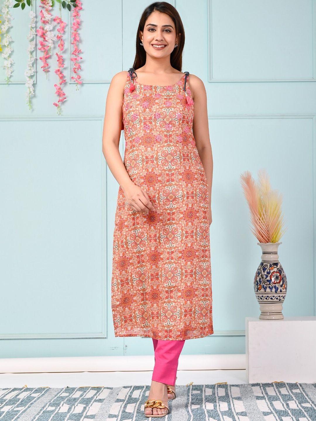 sangria ethnic motifs sleeveless mirror work straight cotton kurtas