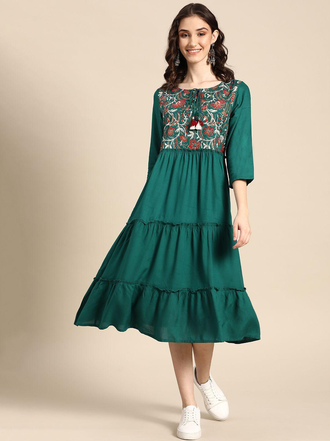 sangria ethnic motifs tie-up neck a-line midi ethnic dress