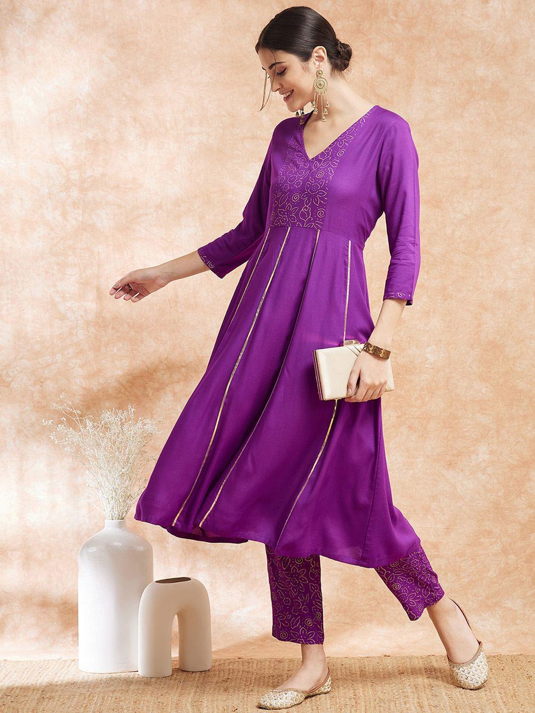 sangria ethnic motifs v-neck printed a-line kurta with trousers