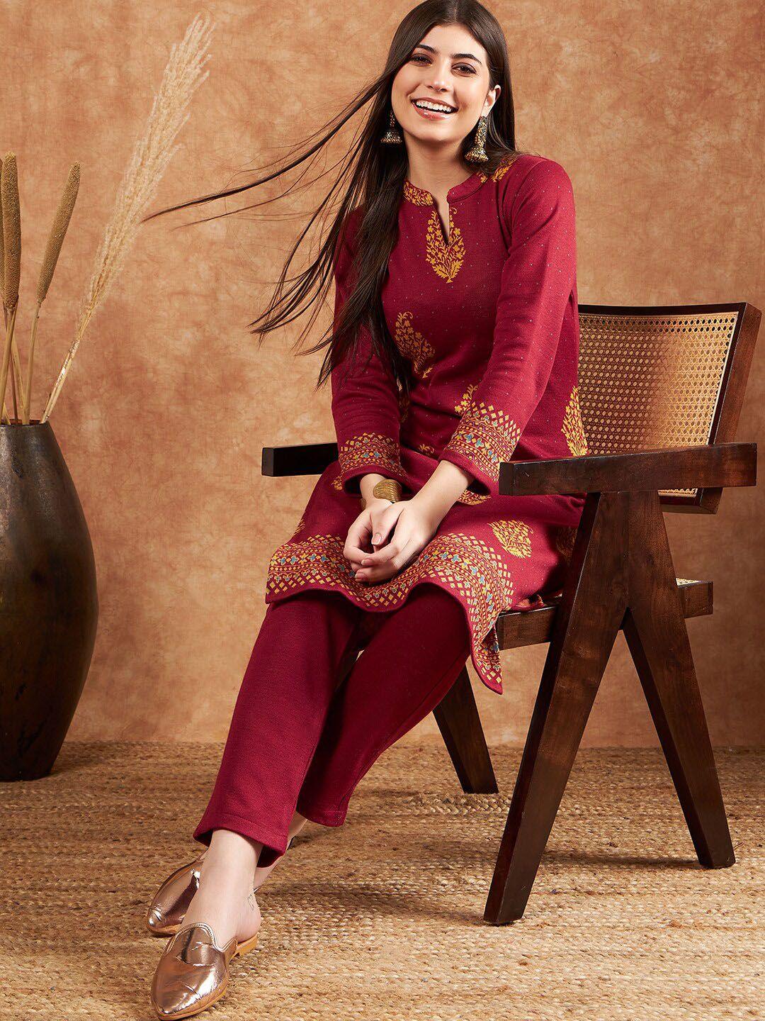 sangria ethnic motifs woven design straight kurta & trousers