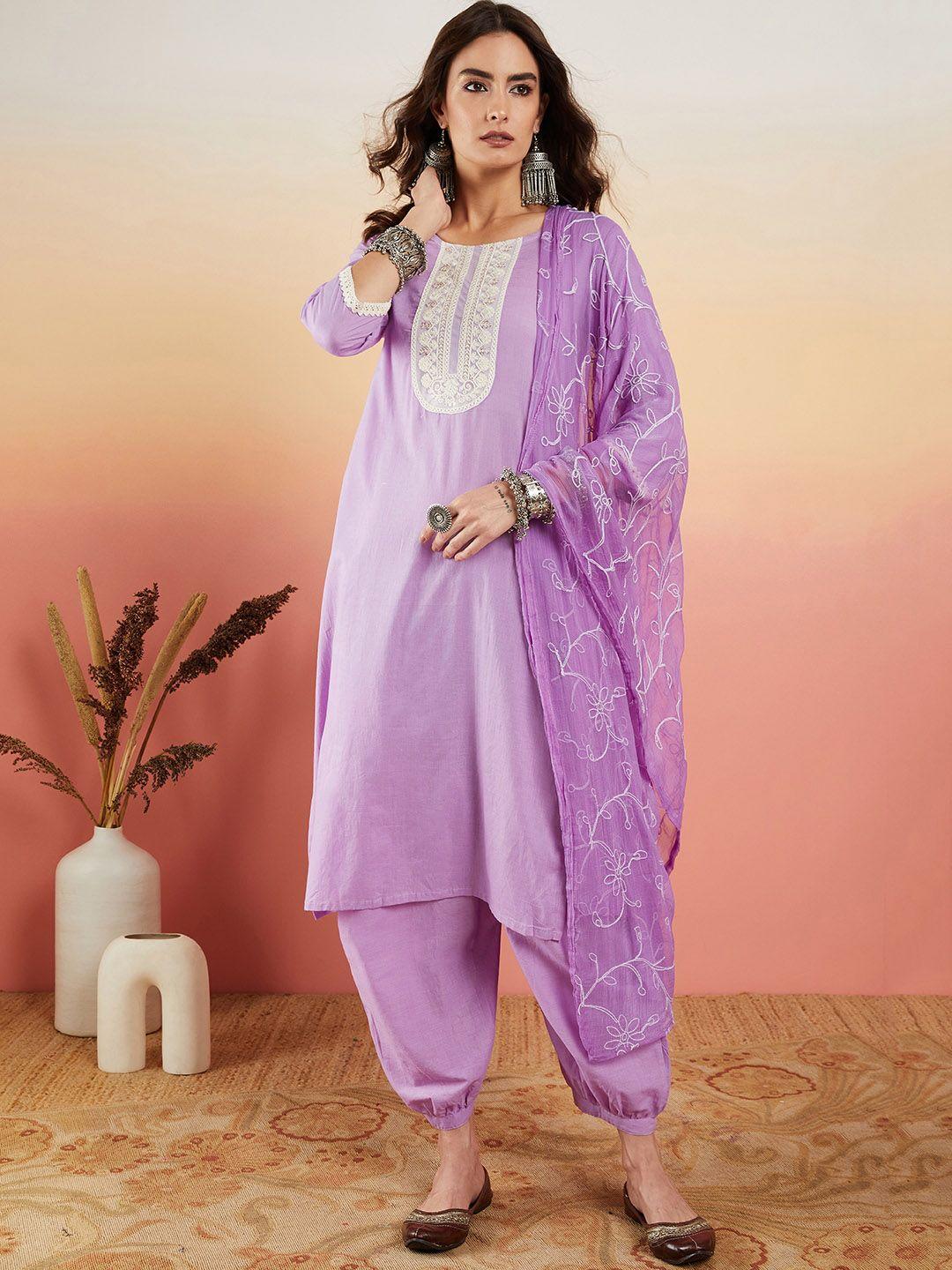 sangria ethnic motifs yoke design lace detail pure cotton kurta with salwar & dupatta