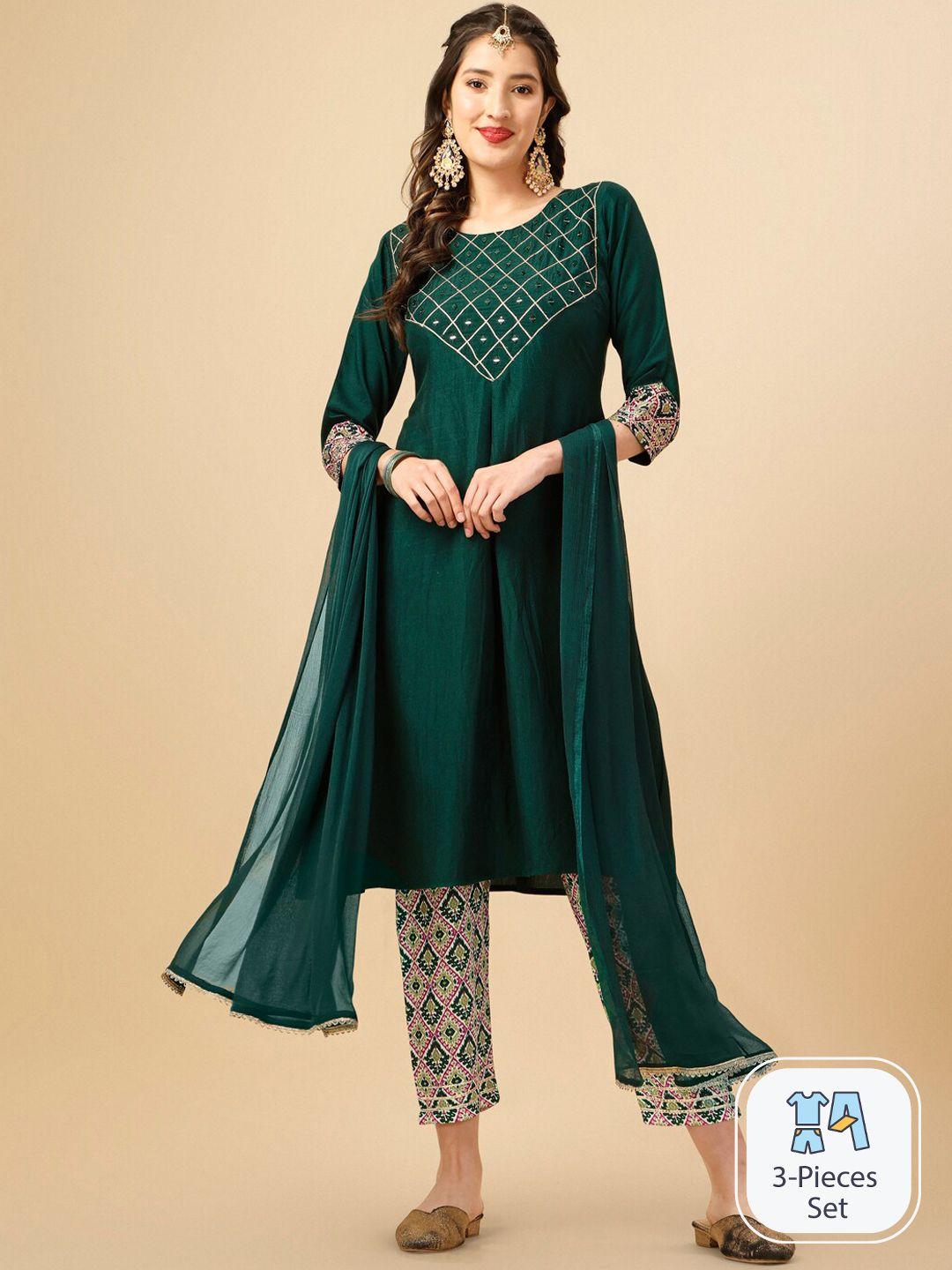 sangria ethnic motifs yoke design mirror work a line kurta with trouser