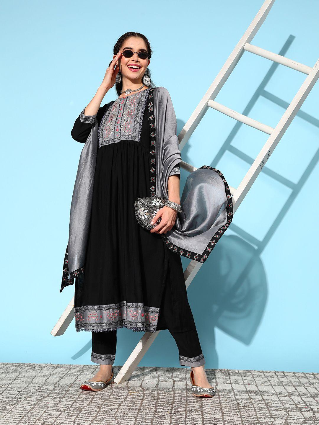 sangria ethnic motifs yoke design pleated sequinned kurta with trousers & dupatta