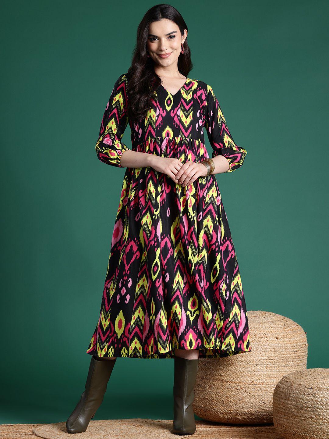 sangria ethnic printed puff sleeves midi ethnic dress