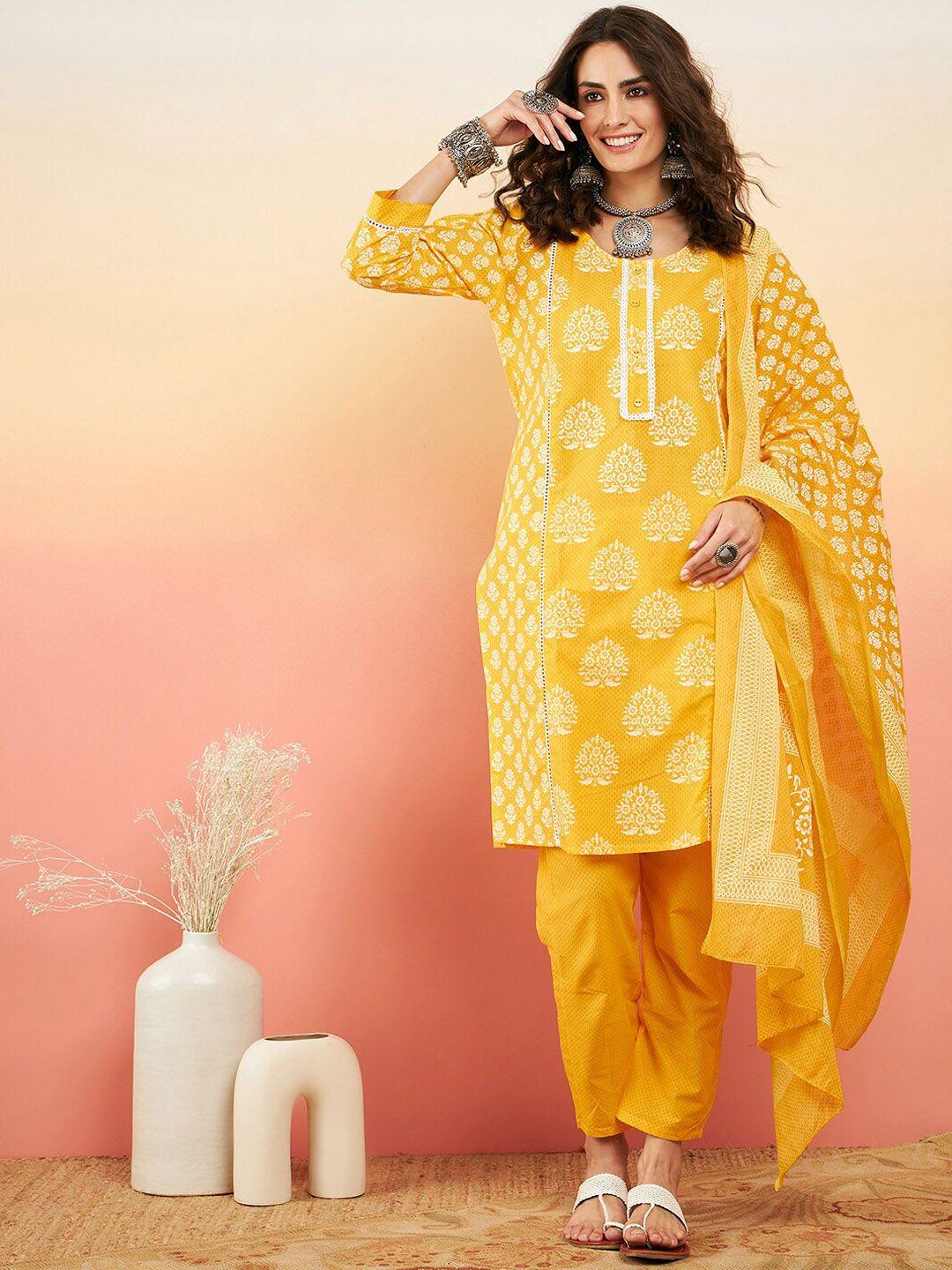 sangria ethnic printed pure cotton straight kurta with trouser & dupatta