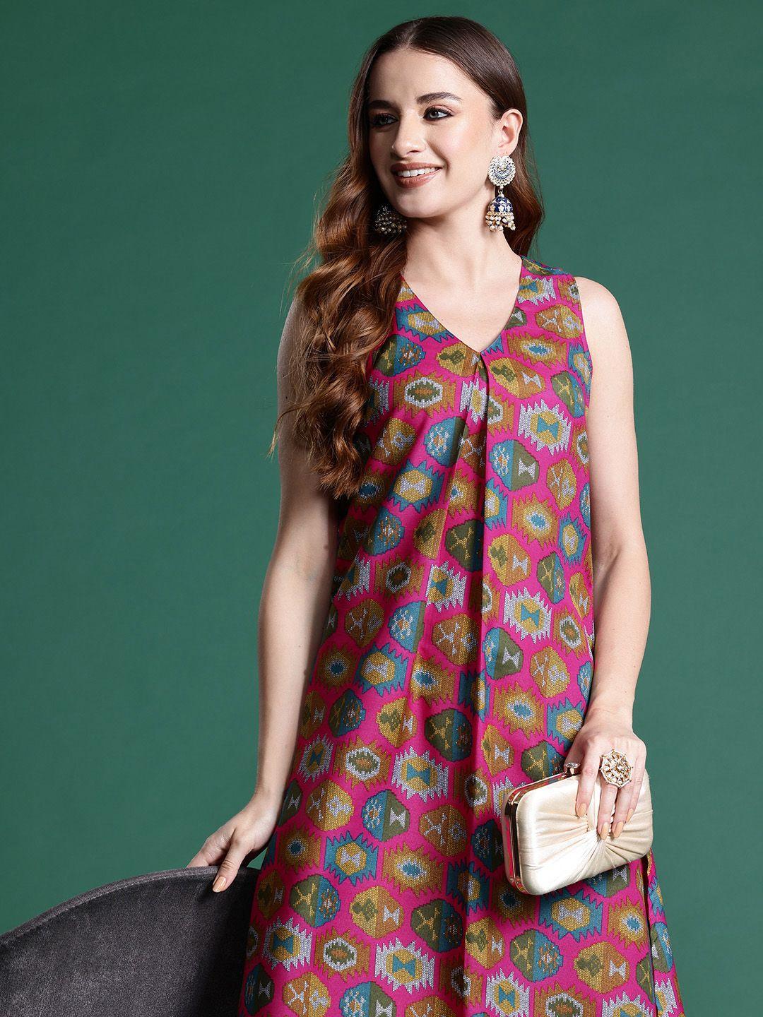 sangria ethnic printed sleeveless pleated a-line kurta